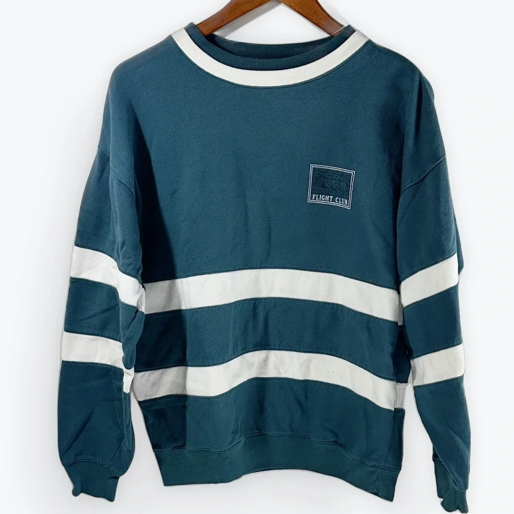Retro Men's Teal and White Striped Sweater Flight Club Logo